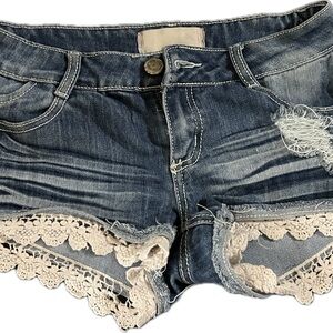 Women's Blue Denim Shorts with Lace Trim